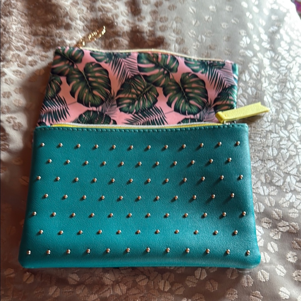 Two makeup bags Tropical Leaf Print and Teal Studded Women's Clutch